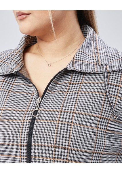 Kadın Büyük Beden Vizon , Ekose Desenli Fermuarlı Cepli Ceket 65N38791 modelleri