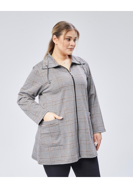 Kadın Büyük Beden Vizon , Ekose Desenli Fermuarlı Cepli Ceket 65N38791 fırsatları