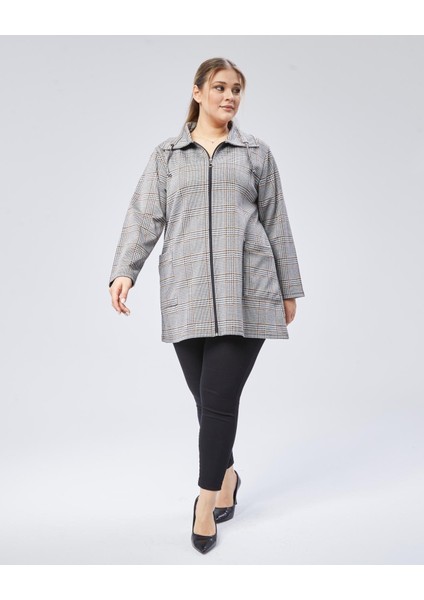 Kadın Büyük Beden Vizon , Ekose Desenli Fermuarlı Cepli Ceket 65N38791 indirimleri