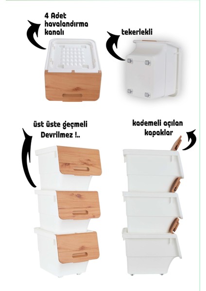2’li Bambu Renk Tekerlekli Patateslik Soğanlık Oyuncak Kutusu Patates Soğan Sepeti Motek 24 Lt