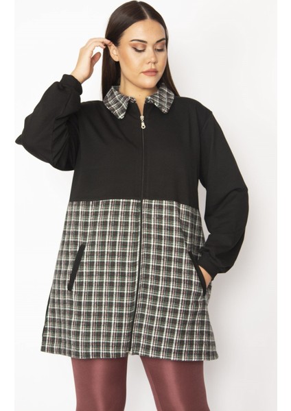 Kadın Bej Ekose Desen Detaylı Fermuarlı Cepli Mont 65N29569