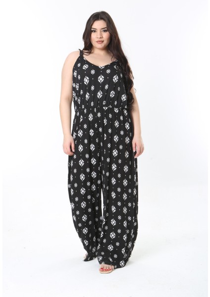 Kadın Büyük Beden Siyah Askılı Geniş Paçalı Beli Lastikli Rahat Kesim Tulum 65N38852