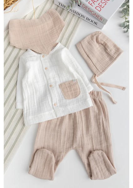 Müslin %100 Pamuk Erkek Bebek 4 Parça Takım Set Hastane Çıkışı