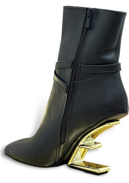 1110 Siyah Altın Bot Topuğu Gold Logo Detaylı Kadın Topuklu Ayakkabı fırsatları