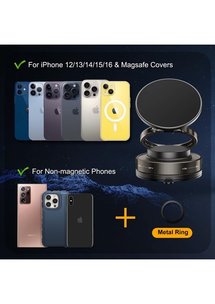 Metalik Magsafe Telefon Tutucu Tüm Yüzeylerle Uyumlu Vakumlu 360 Dönen Oynar Başlık Universal Telefon Tutucu Katlanır Ayna-Cam-Araba-Mutfak Vb.