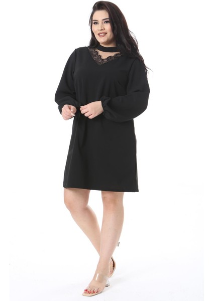 Kadın Büyük Beden Siyah Yaka ve Dantel Detaylı Uzun Kollu Krep Kumaş Elbise 65N38773 modelleri