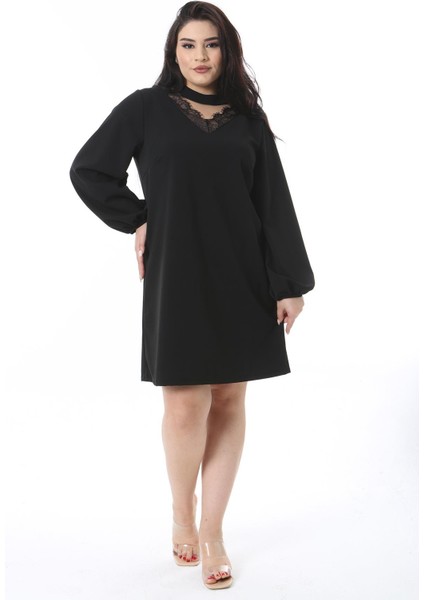 Kadın Büyük Beden Siyah Yaka ve Dantel Detaylı Uzun Kollu Krep Kumaş Elbise 65N38773 indirimleri