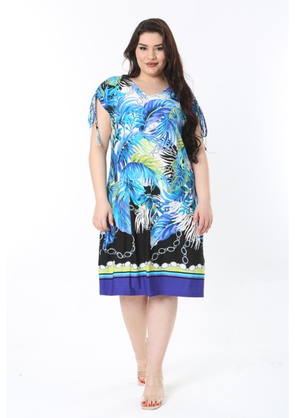 Kadın Büyük Beden Mavi Omuzları Tünel Bağcıklı V Yakalı Desenli Elbise 65N38832 fiyatları