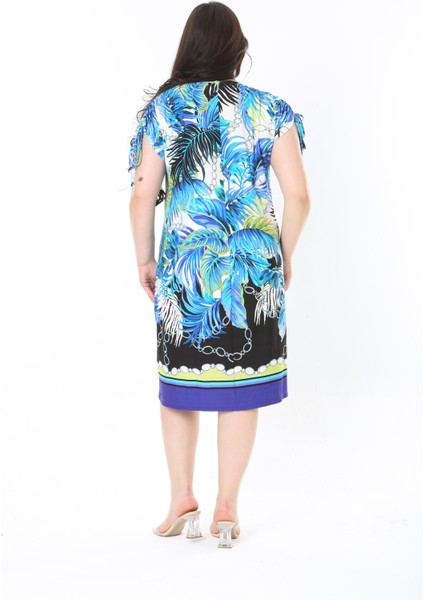 Kadın Büyük Beden Mavi Omuzları Tünel Bağcıklı V Yakalı Desenli Elbise 65N38832 fırsatları