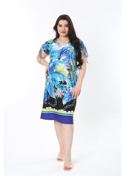 Kadın Büyük Beden Mavi Omuzları Tünel Bağcıklı V Yakalı Desenli Elbise 65N38832 indirimleri