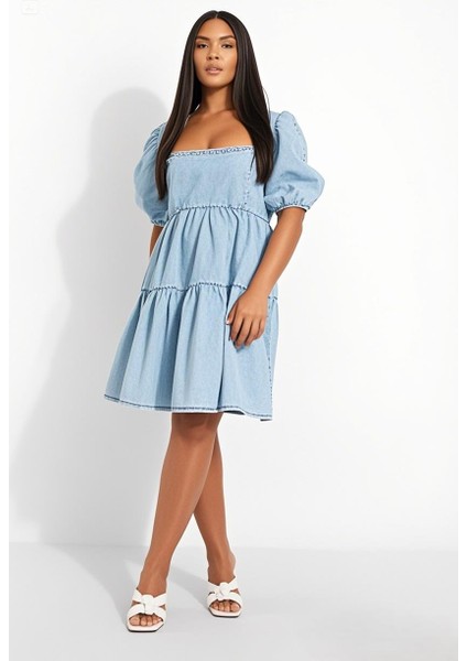 Kadın Büyük Beden Mavi, Ön Arka Kare Yaka, Yıkamalı Ince Kot Elbise 65N38804 modelleri