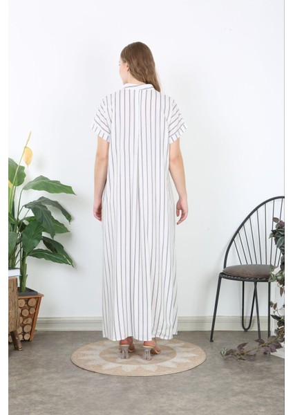 Kadın Büyük Beden Beyaz Dokuma Viskon V Yaka Ön Pileli Yan Yırtmaç Çizgili Uzun Elbise 65N38739 fırsatları