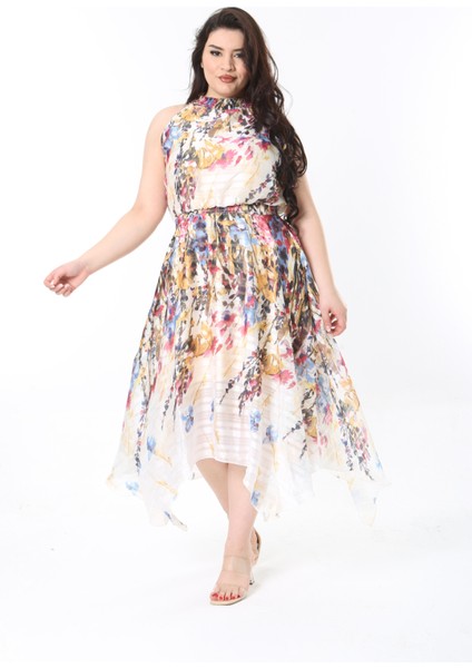 Kadın Büyük Beden Renkli Yaka ve Beli Lastik Detaylı Etek Ucu Asimetrik Astarlı Elbise 65N38837