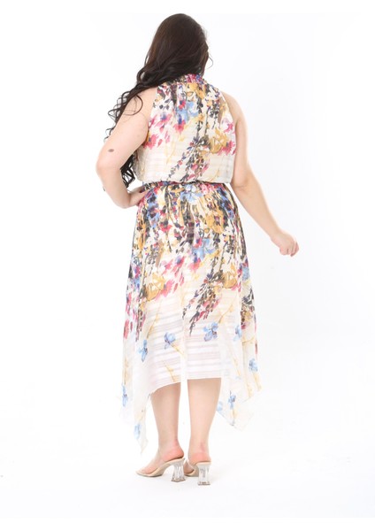 Kadın Büyük Beden Renkli Yaka ve Beli Lastik Detaylı Etek Ucu Asimetrik Astarlı Elbise 65N38837 indirimleri