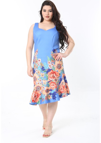 Kadın Büyük Beden Mavi V Yaka Etek Ucu Volanlı Arka Gizli Fermuarlı Elbise 65N38830