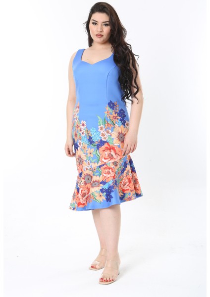 Kadın Büyük Beden Mavi V Yaka Etek Ucu Volanlı Arka Gizli Fermuarlı Elbise 65N38830 fırsatları