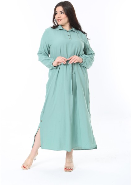Kadın Büyük Beden Yeşil Ön Patı ve Yan Yırtmacı Düğme Detaylı Uzun Elbise 65N38855 fiyatları
