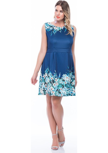 Kadın Saks Çiçek Desenli Elbise