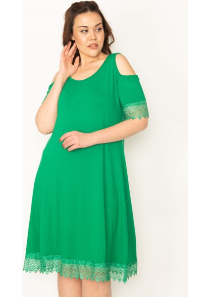 KADIN ORANJ OMUZ DEKOLTELİ DANTELLİ ELBİSE