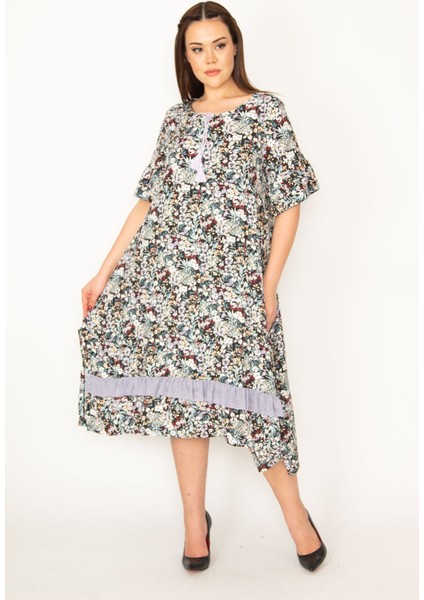 KADIN RENKLİ YAKA BAĞCIKLI ETEK UCU ŞİFON FIRFIR VE KOLU BÜZGÜ VOLANLI DOKUMA VİSKON ELBİSE