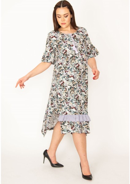 KADIN RENKLİ YAKA BAĞCIKLI ETEK UCU ŞİFON FIRFIR VE KOLU BÜZGÜ VOLANLI DOKUMA VİSKON ELBİSE modelleri