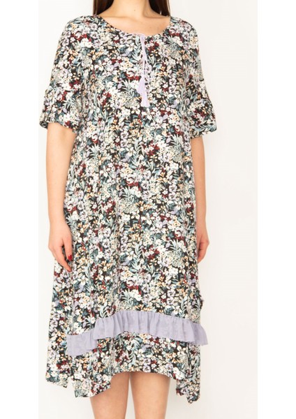 KADIN RENKLİ YAKA BAĞCIKLI ETEK UCU ŞİFON FIRFIR VE KOLU BÜZGÜ VOLANLI DOKUMA VİSKON ELBİSE indirimleri