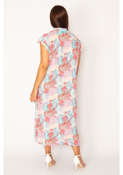 Kadın Renkli Dokuma Viskon Kumaş Ön Boy Düğmeli Gömlek Yakalı Elbise 65N33879 modelleri