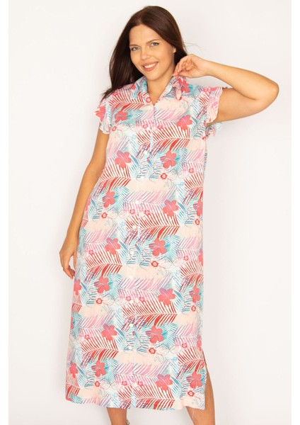 Kadın Renkli Dokuma Viskon Kumaş Ön Boy Düğmeli Gömlek Yakalı Elbise 65N33879 fırsatları