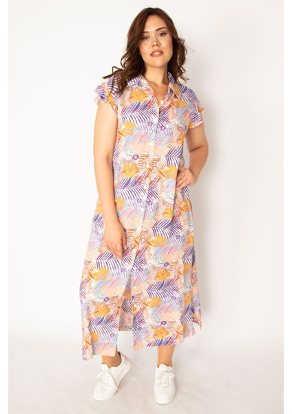 Kadın Renkli Dokuma Viskon Kumaş Ön Boy Düğmeli Gömlek Yakalı Elbise 65N33879 fiyatları