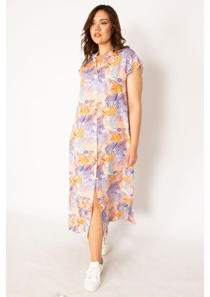 Kadın Renkli Dokuma Viskon Kumaş Ön Boy Düğmeli Gömlek Yakalı Elbise 65N33879 modelleri