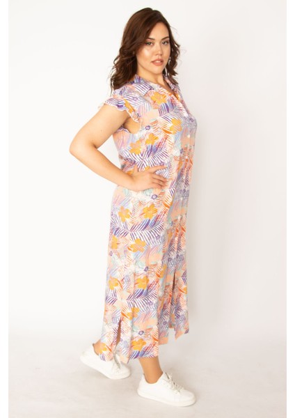 Kadın Renkli Dokuma Viskon Kumaş Ön Boy Düğmeli Gömlek Yakalı Elbise 65N33879 fırsatları