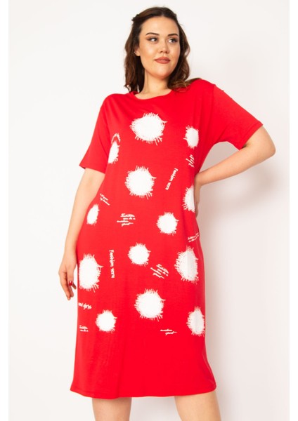 Kadın Kırmızı Ön Baskılı Viskon Elbise 65N33248