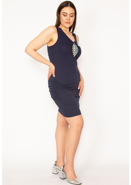Kadın Lacivert Taş İşli Yanları Büzgü Detaylı Elbise 65N33151 modelleri