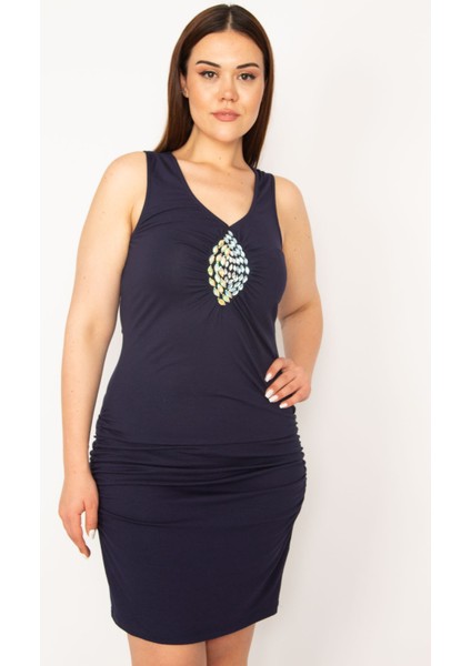 Kadın Lacivert Taş İşli Yanları Büzgü Detaylı Elbise 65N33151 indirimleri