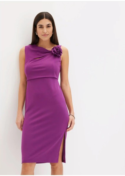 Kadın Büyük Beden Mor, Yaka Detaylı Yan Yırtmaç Elbise 65N38938