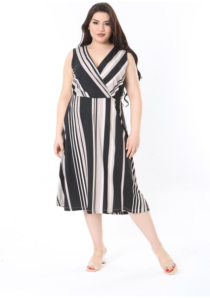 Kadın Büyük Beden Bej Anvelop Yakalı Çizgili Elbise 65N38833