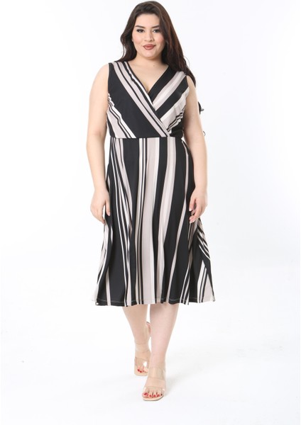 Kadın Büyük Beden Bej Anvelop Yakalı Çizgili Elbise 65N38833 fiyatları