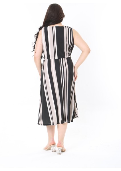 Kadın Büyük Beden Bej Anvelop Yakalı Çizgili Elbise 65N38833 modelleri