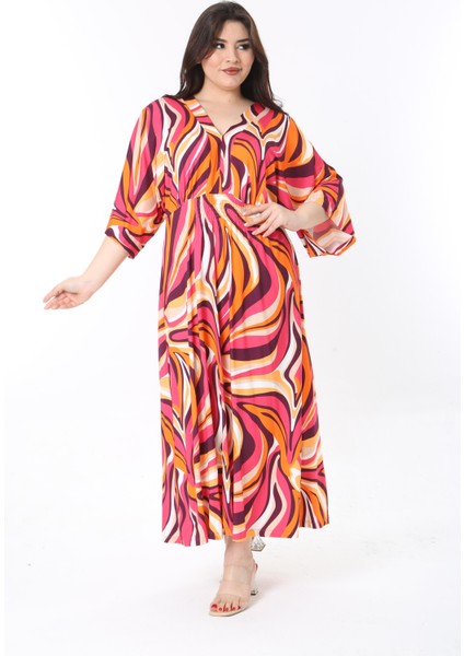 Kadın Büyük Beden Fujya, Ön Gipe Lastik Detaylı Yarasa Kol, Desenli Uzun Elbise 65N38811