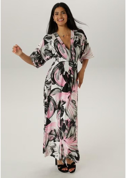 Kadın Büyük Beden Pembe, Ön Gipe Lastik Detaylı Yarasa Kol, Desenli Uzun Elbise 65N38811
