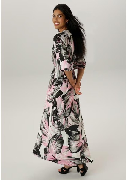 Kadın Büyük Beden Pembe, Ön Gipe Lastik Detaylı Yarasa Kol, Desenli Uzun Elbise 65N38811 modelleri