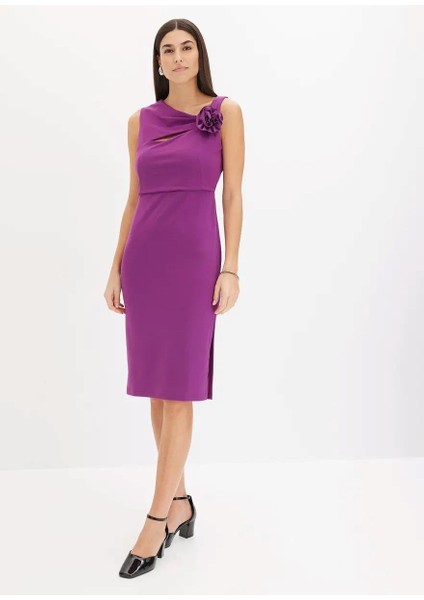 Kadın Büyük Beden Mor, Yaka Detaylı Yan Yırtmaç Elbise 65N38938 modelleri