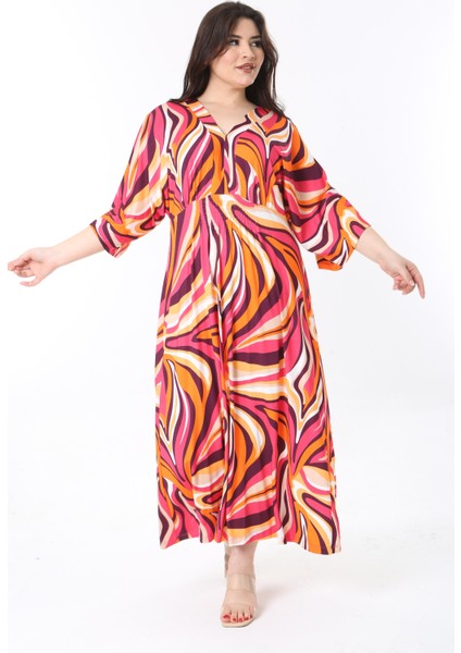 Kadın Büyük Beden Fujya, Ön Gipe Lastik Detaylı Yarasa Kol, Desenli Uzun Elbise 65N38811