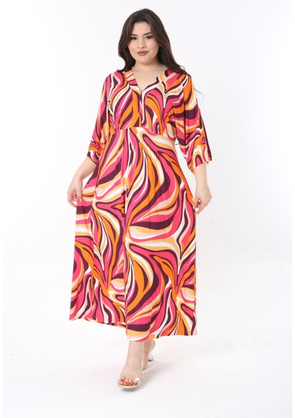 Kadın Büyük Beden Fujya, Ön Gipe Lastik Detaylı Yarasa Kol, Desenli Uzun Elbise 65N38811 fiyatları