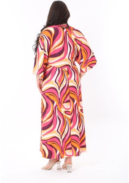 Kadın Büyük Beden Fujya, Ön Gipe Lastik Detaylı Yarasa Kol, Desenli Uzun Elbise 65N38811 modelleri