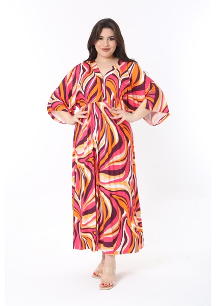 Kadın Büyük Beden Fujya, Ön Gipe Lastik Detaylı Yarasa Kol, Desenli Uzun Elbise 65N38811 fırsatları