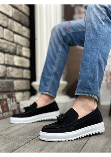 BA0154 Bağcıksız Yüksek Taban Süet Siyah Renk Beyaz Taban Püsküllü Erkek Ayakkabı fiyatları