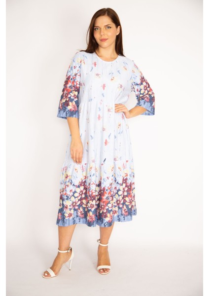 Kadın Mavi Pamuklu Kumaş Katlı Elbise 65N34949