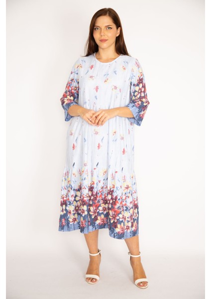Kadın Mavi Pamuklu Kumaş Katlı Elbise 65N34949