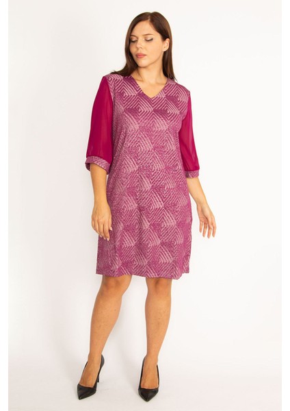 Kadın Mürdüm Sim Detaylı Kolları Şifon Elbise 65N34610